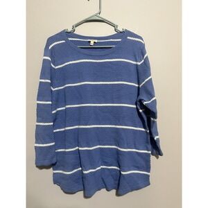 Talbots Sweater Top Women Large Blue Striped Waffle Knit 3/4 Sleeve Casual